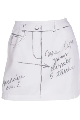 1990s Moschino Jeans Ivory Mini Skirt w Black Handwritten Fashion Notes