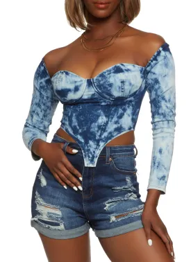 Acid Wash Long Sleeve Bustier Denim Top