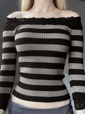 Amy Fashion - Casual Long Sleeve Retro Striped Off-Shoulder T-Shirts