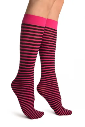 Black & Magenta Pink Thin Stripes Socks Knee High