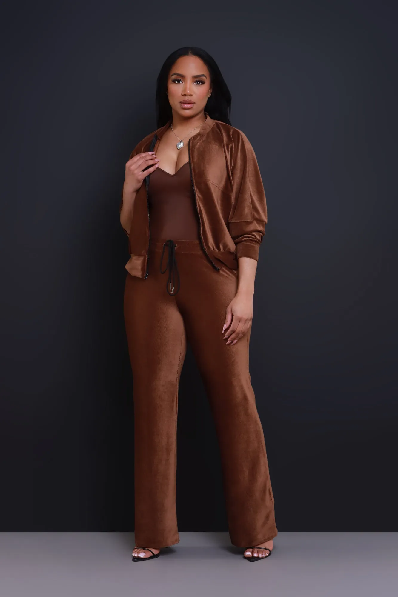 Cheat Day Corduroy Zip-Up Pants Set - Brown