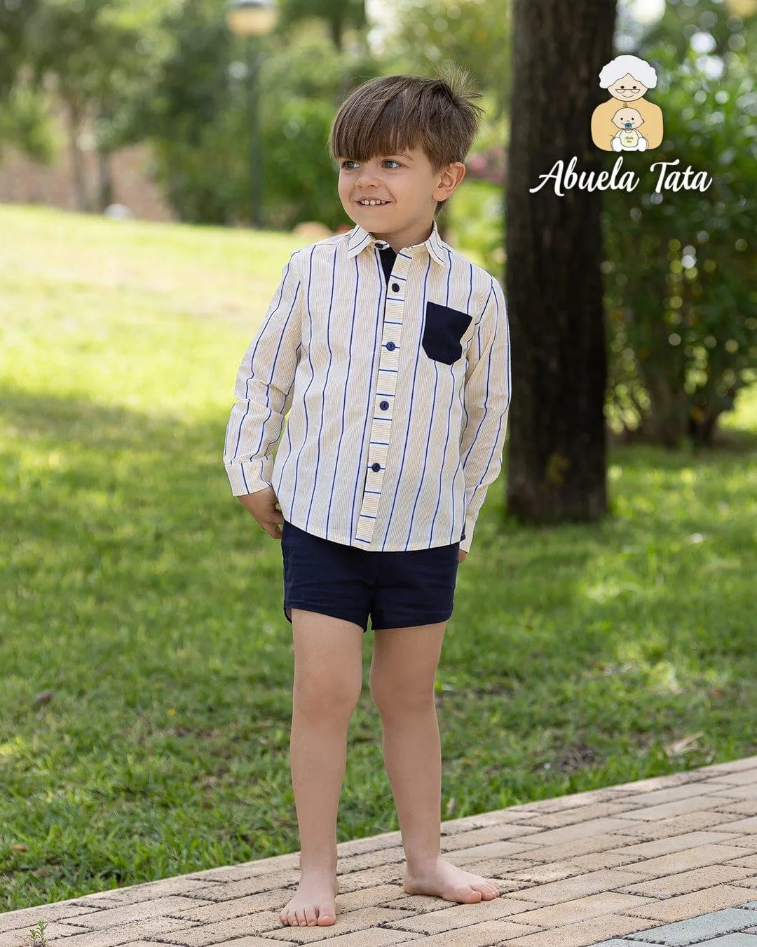 CLEARANCE SALE Abuela Tata - Boys Lemon & Navy Shorts & Shirt Set