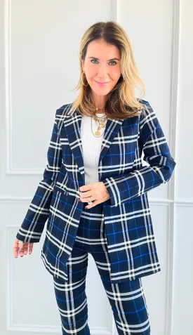 Heritage Plaid Long Blazer - Navy