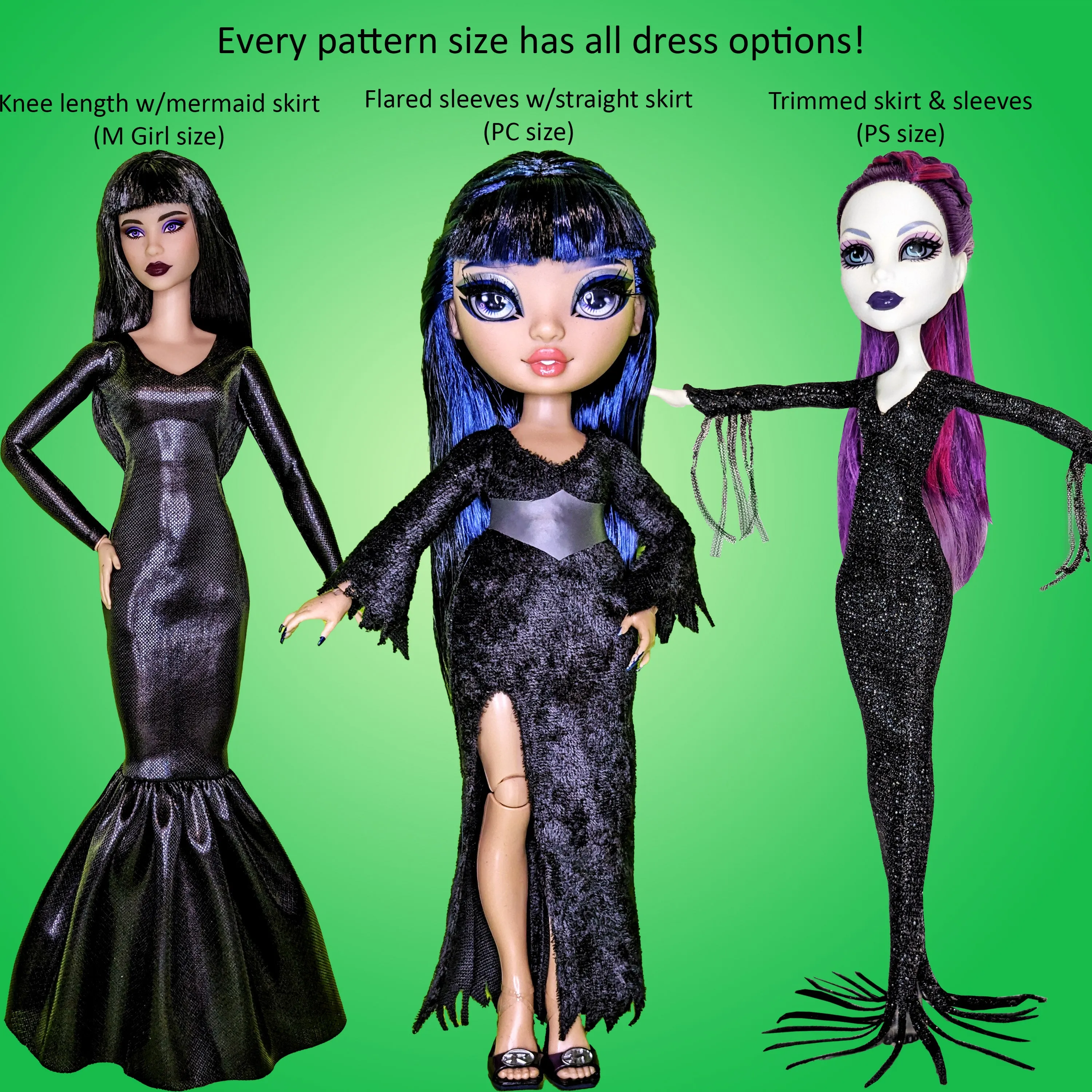 PS Vamp! 10.5" Petite Slimline Fashion Doll - Gothic Vamp costume with lots of dress/sleeve options - Downloadable RAD Doll Clothes PDF Sewing Pattern