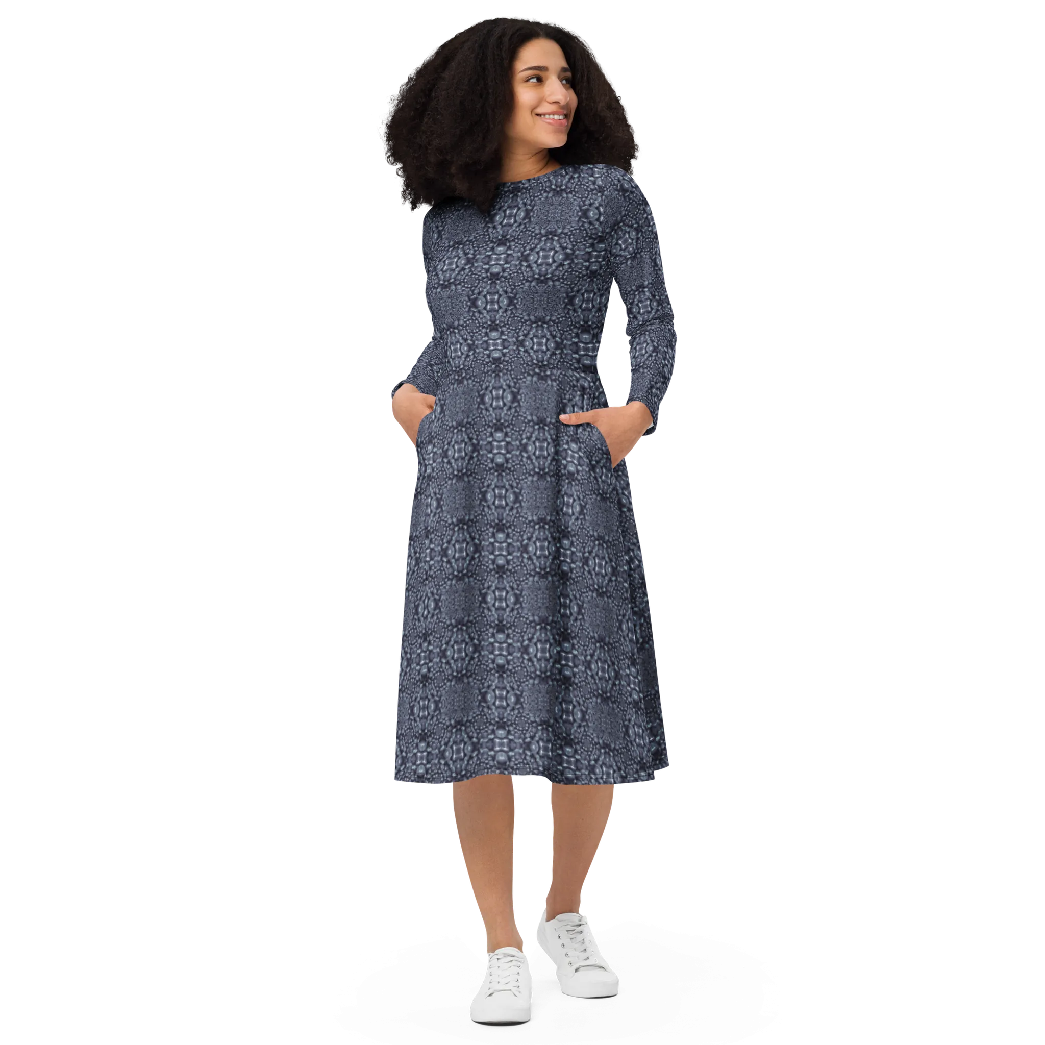 Recursia Indranet Long Sleeve Midi Dress In Blue