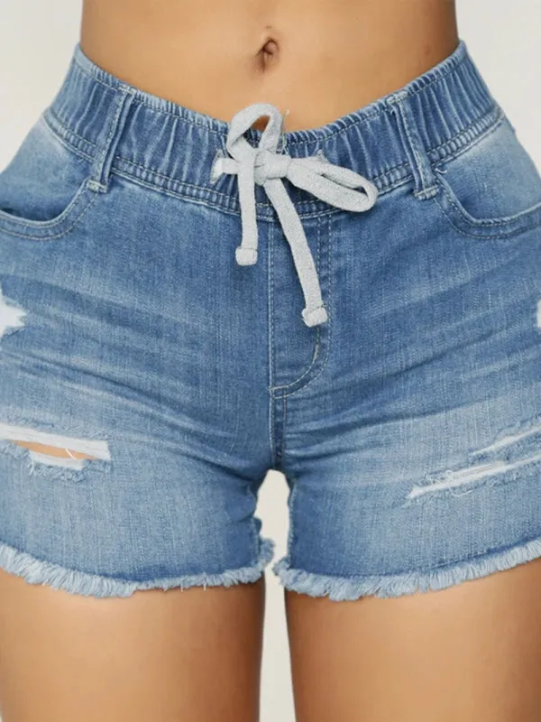 Women's Drawstring Ripped Denim Shorts