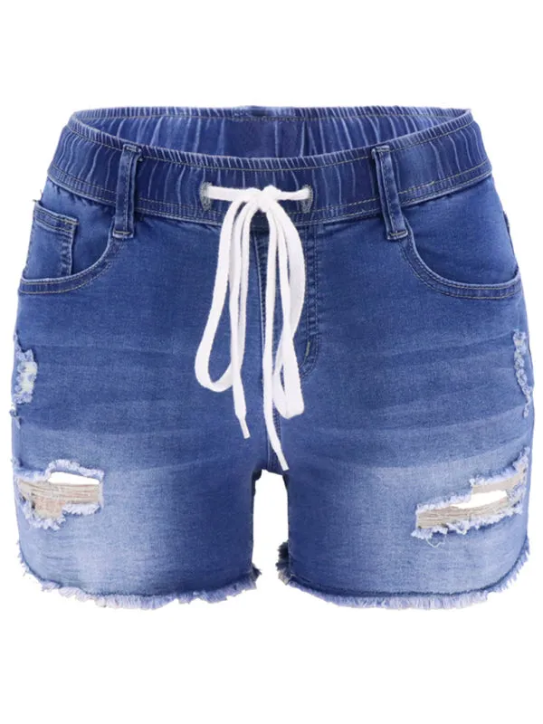 Women's Drawstring Ripped Denim Shorts